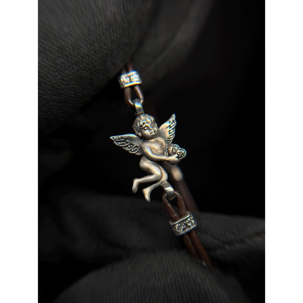 Sterling Silver Cherub Angel Heart Brown Leather Cord Bracelet 8"